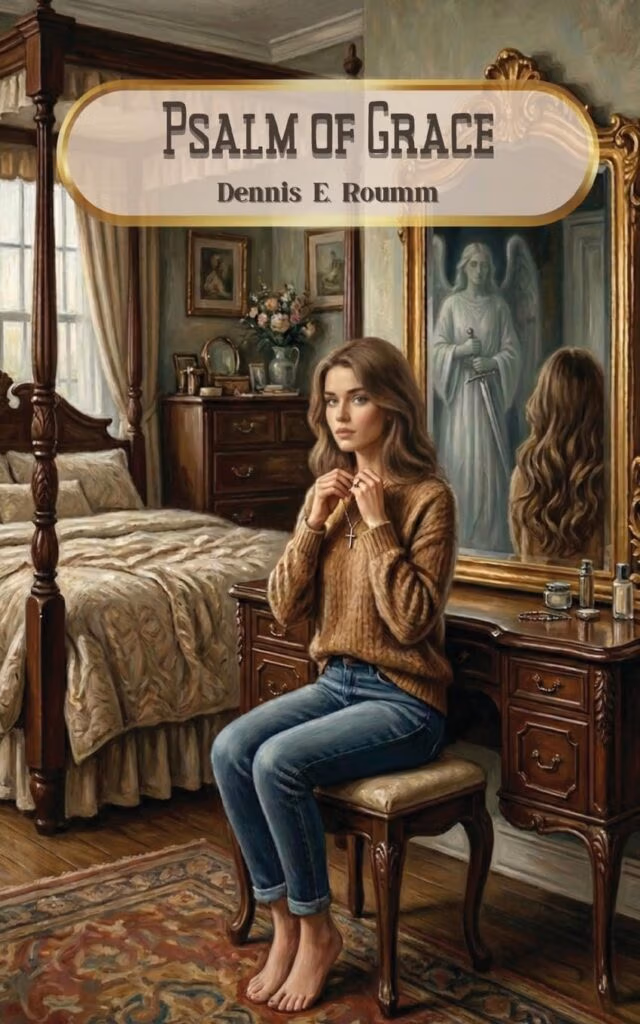 Book cover: title 'Psalm of Grace' with author 'Dennis E. Roumm' over a vintage bedroom scene featuring a young woman seated at a dresser, barefoot and adjusting a necklace.